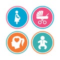 Maternity icons. Baby infant, pregnancy, buggy. Royalty Free Stock Photo
