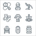 Maternity line icons. linear set. quality vector line set such as baby powder, baby boy, baby chair, crib toy, pajamas, socks,