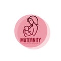 Maternity logo concept - beauty woman with newborn. Vector design template in linear style