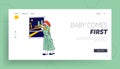 Maternity, Mother Care Landing Page Template. Tired Woman Character with Sleepy Face Holding Newborn Baby