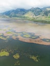 Drone-captured photograph at Lake Matese, Campania, Italy, featuring an aerial view of the lake, mountains Royalty Free Stock Photo