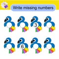 Math activity for children. Activity page for preschoolers. Cartoon parrots