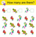 Math activity for kids. Developing numeracy skills. Cartoon parrots