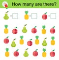 Math activity for kids. Developing numeracy skills. Cartoon pear, apple, pineapple Royalty Free Stock Photo