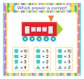 Math activity for kids. Find the correct answer. Cartoon locomotive