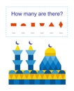 Math activity for kids. How many geometric shapes? Developing numeracy skills. Cartoon mosque