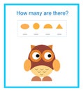 Math activity for kids. How many geometric shapes? Vector illustration of cartoon owl Royalty Free Stock Photo