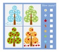 Learn seasons. Math activity for children. Developing numeracy skills. Vector illustration