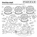 Math addition game. Puzzle for kids. Coloring Page Outline Of cartoon beautiful little mermaid. Marine princess. Underwater world