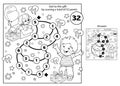 Math addition game. Puzzle for kids. Maze. Coloring Page Outline Of cartoon Boy with dog and gifts. Christmas. New year. Coloring