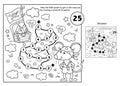 Math addition game. Puzzle for kids. Maze. Coloring Page Outline Of Cartoon little pirate mouse with chest of treasure. Cheese Royalty Free Stock Photo
