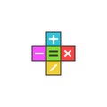 Math calculator logo, Mathematical symbols plus, minus, subtract, multiply, equals icon on the colored tiles, simple modern flat