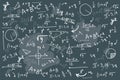 Math chalkboard vector illustration. Physics solving equation board mess..