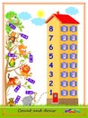 Math education for children on addition and subtraction. On what floor of the house lives every animal? Solve examples and draw