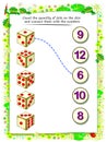 Math education for children. Count the quantity of dots on dice and connect them with numbers. Exercise on addition.