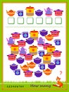 Math education for children. Count quantity of kitchen dishes and write the numbers. Developing counting skills. Logic puzzle game