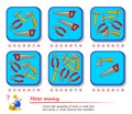 Math education for children. Count the quantity of tools in each box and draw a circle around the numbers. Printable worksheet for Royalty Free Stock Photo