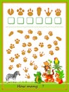 Math education for children. Count quantity of tracks left by animals and write numbers. Developing counting skills. Printable