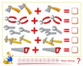 Math education for children. Count the quantity working tools, solve examples and write numbers. Printable worksheet for kids.