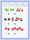 Math education for children. Exercises on addition. Count the quantity and write number of fruits.