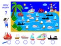 Math education for children. Help the pirate count quantity of each of boats in the sea and write the numbers.