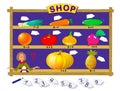 Math education for children. Help the salesgirl find the correct prices. Solve examples and write numbers. Exercises on addition Royalty Free Stock Photo