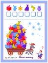 Math education for children. How many Christmas gifts brings the donkey? Count the quantity and write numbers. Printable worksheet