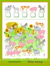 Math education for children. How many farm animals can you find? Count quantity and write the numbers. Developing counting skills