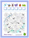 Math education for children. How many insects can you find? Paint them, count the quantity and write the numbers. Coloring book.