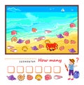 Math education for children. How many sea shells can you find on the beach? Count the quantity and write the numbers. Kids
