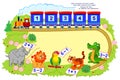 Math education for children. Logic puzzle game for kids. Solve examples and draw a path from each animal to the wagon. Play online Royalty Free Stock Photo