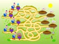 Math education for children. Logic puzzle game with maze for kids. Solve examples and help the gardeners find the paths to the