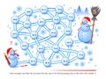 Math education for children. Logic puzzle game with maze for kids. Solve examples and help the snowman find the way to his friend