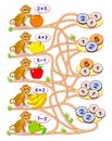 Math education for children. Solve examples, count the price for each fruit and draw the way till correct coins. Royalty Free Stock Photo