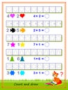 Math education for children. Solve examples and paint the objects in corresponding colors. Write the numbers. Worksheet for school