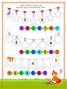 Math education for children. Write numbers in order and paint the toys in corresponding colors. Worksheet for school. Coloring