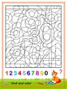 Math education for kids. Logic puzzle game. Find and paint the numbers from 1 to 0. Coloring book. Printable worksheet. Royalty Free Stock Photo