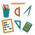 Math education, knowledge, school subjects of rulers calculator abacus compasses and stationery