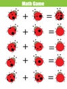 Math educational counting game for children, addition worksheet. Calculate the ladybug dots