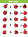 Math educational counting game for children, addition worksheet. Calculate the ladybug dots