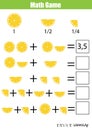 Math educational counting game for children, addition worksheet. Learning fractions, half, quarters