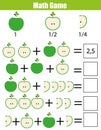 Math educational counting game for children, addition worksheet. Learning fractions, half, quarters