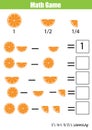 Math educational counting game for children, subtraction worksheet. Learning fractions