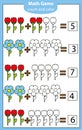 Math educational game for children. Counting equations. Addition worksheet.