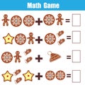 Math educational game for children. Counting equations. Addition worksheet. Christmas theme