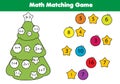 Math educational game for children. Matching mathematics activity. Counting game for kids, addition. New Year, Christmas holidays Royalty Free Stock Photo