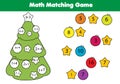 Math educational game for children. Matching mathematics activity. Counting game for kids, addition. New Year, Christmas holidays