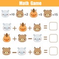 Math educational game. Counting equations. Mathematics worksheet for children with animals faces