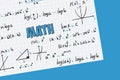 Math exercises, formulas and equations for calculus, algebra with grid sheet and blue background
