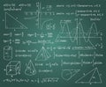 Math formulas. Chalk board background with algebraic and geometric graphs, functions and drawings. Doodles handwritten Royalty Free Stock Photo